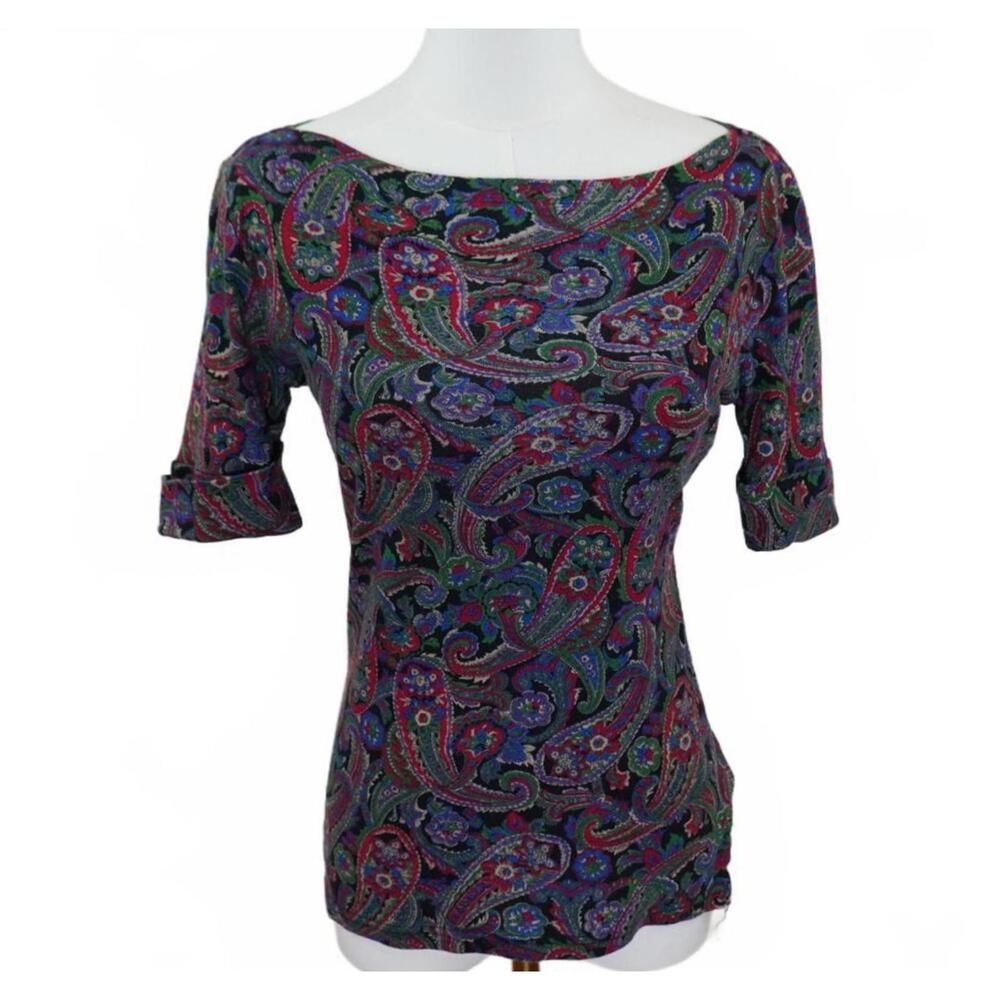 Lauren Ralph Lauren Paisley Print Top Size S Colorful Boho Short Sleeve Cotton